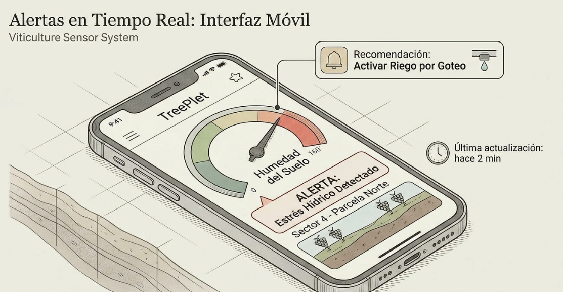 Interfaz móvil de TREEPLET mostrando un medidor de humedad del suelo, una alerta de estrés hídrico en el Sector 4 y la recomendación de activar el riego por goteo