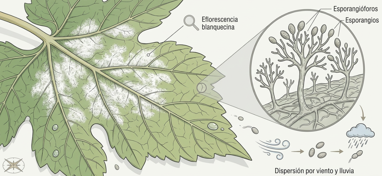 Ciclo del mildiu: eflorescencia blanquecina en la hoja, detalle ampliado de esporangióforos y esporangios, y dispersión por viento y lluvia