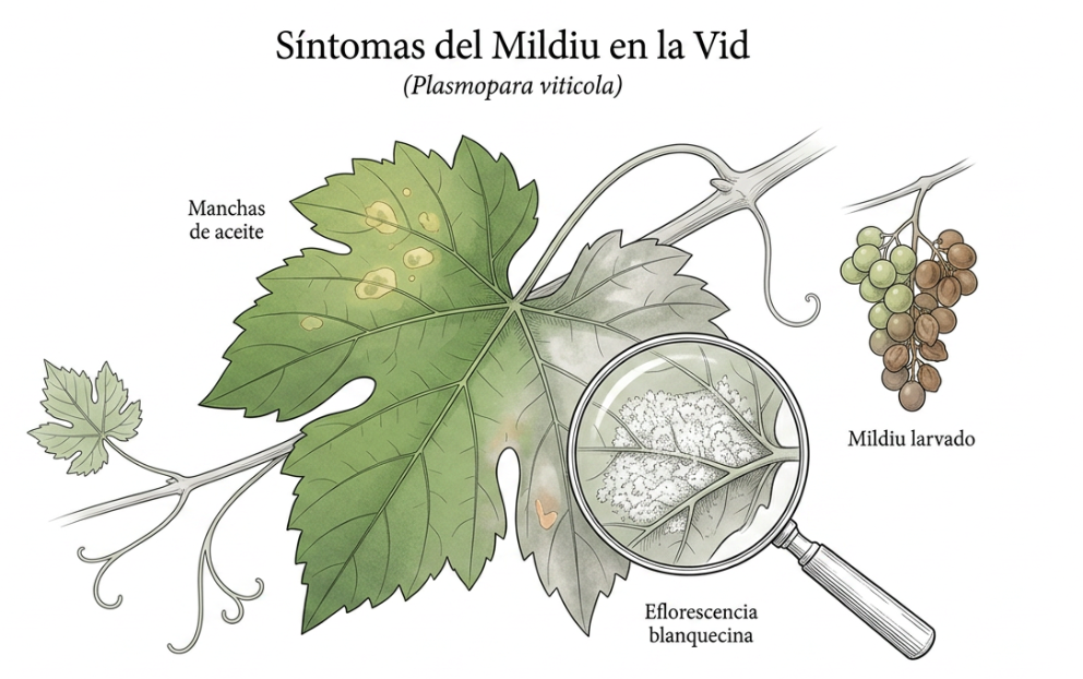 Síntomas del mildiu en la vid (Plasmopara viticola): manchas de aceite en la hoja, eflorescencia blanquecina bajo lupa y mildiu larvado en el racimo