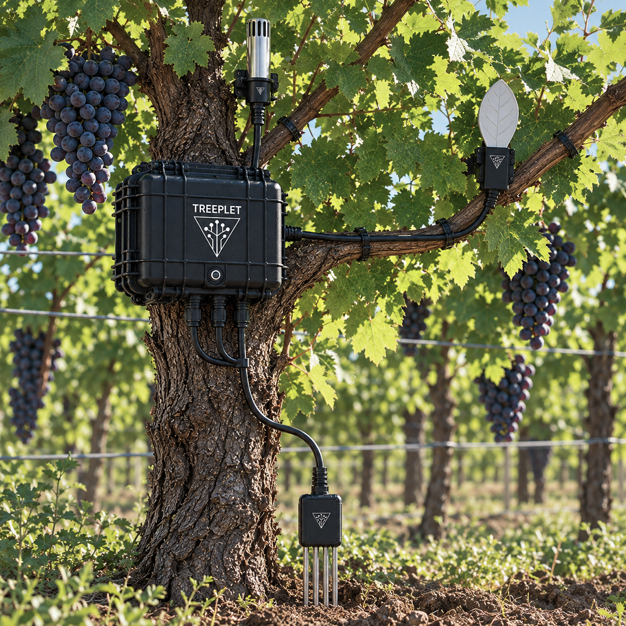 Nodo TREEPLET instalado en el viñedo con sensor de aire, sensor de hoja y sensor de suelo conectados a una cepa