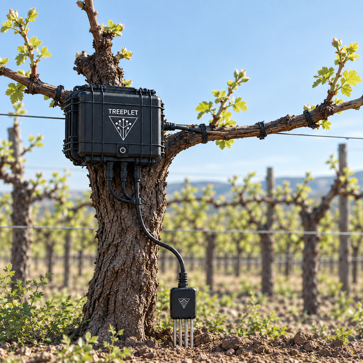 Nodo TREEPLET con sensor de suelo instalado en una cepa recién brotada