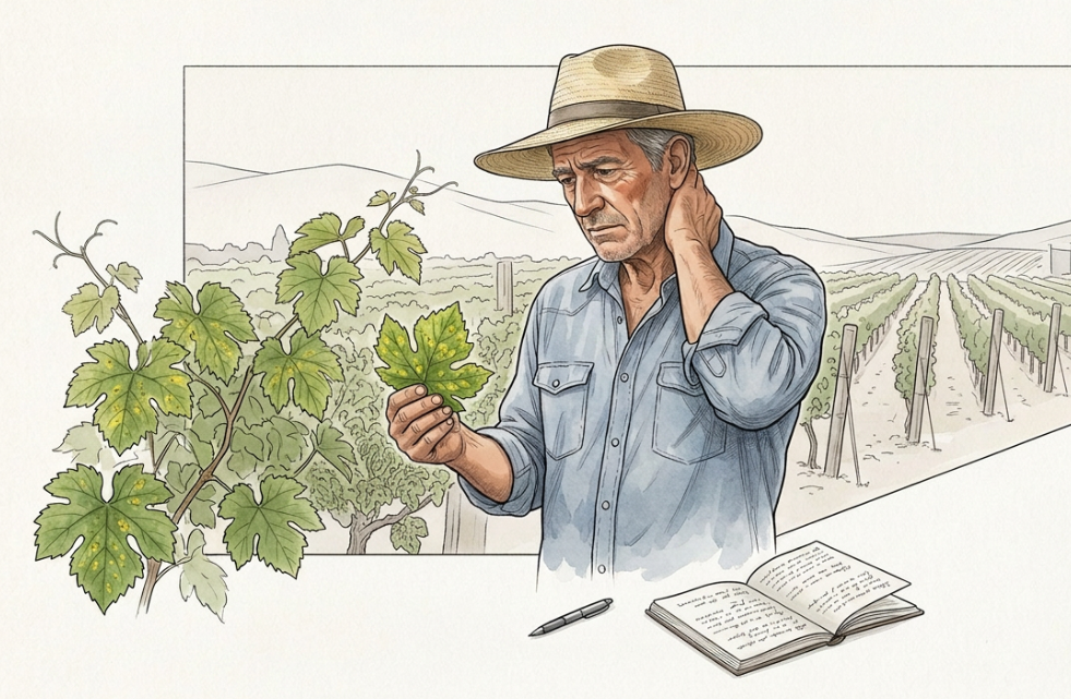 Viticultor con sombrero de paja inspeccionando con preocupación una hoja de vid con síntomas de enfermedad, con el viñedo y un cuaderno de notas de fondo